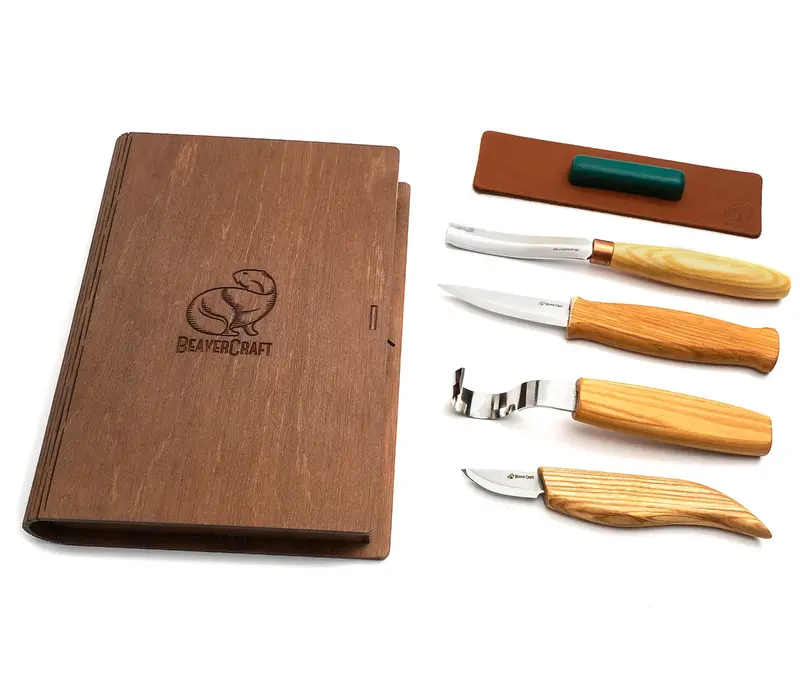 BeaverCraft S43 Spoon and Kuksa Carving Set in wooden storage book