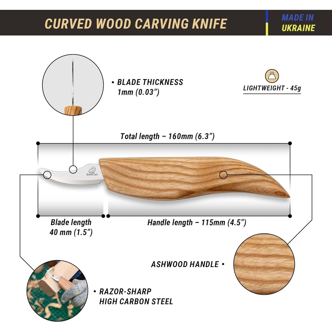 Beavercraft C18 Carving Knife with Ash Wood Handle