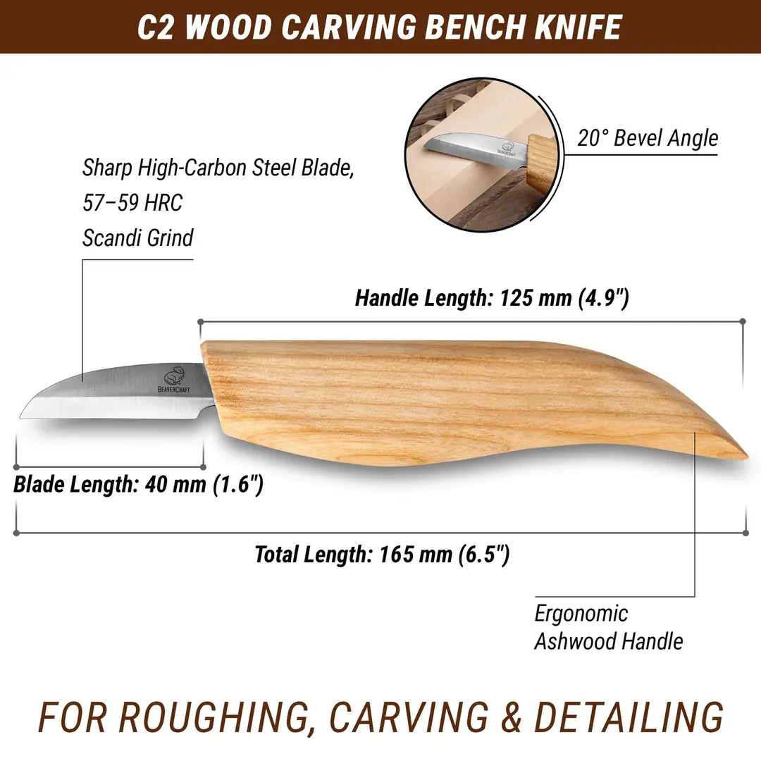 BeaverCraft C2 Wood Carving Knife Straight 40 mm – Ash Handle