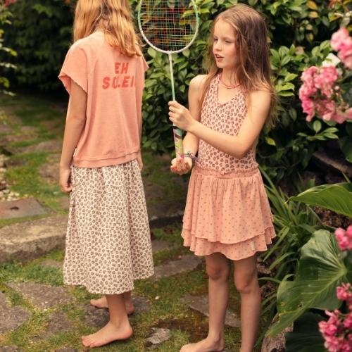 Piupiuchick short layered skirt light pink w/ red sunshade allover | rok-2