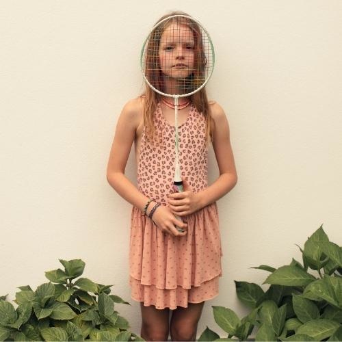 Piupiuchick short layered skirt light pink w/ red sunshade allover | rok-3