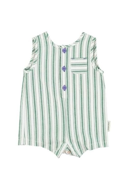 Piupiuchick baby short jumpsuit white w/ large green stripes | playsuit