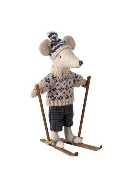 Maileg winter mouse with ski set dad - blue | muis