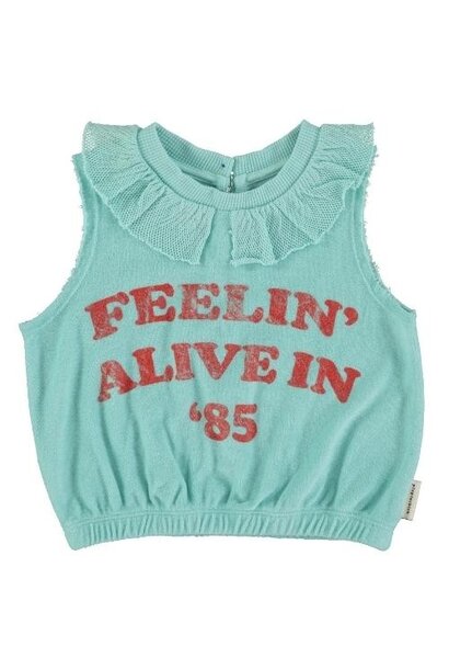 Piupiuchick sleeveless top w/collar blue w/ "feelin' alive" print | shirt