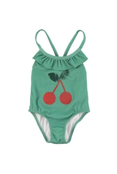 Piupiuchick swimsuit w/ ruffles green w/ cherry print | badpak