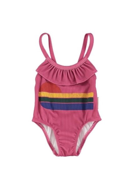 Piupiuchick swimsuit w/ ruffles aubergine w/ multicolor wave print | badpak