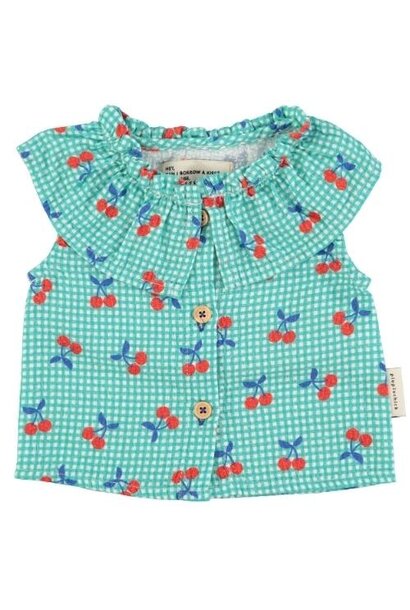 Piupiuchick baby sleeveless blouse w/ collar turquoise & white checkered w/ cherries | top