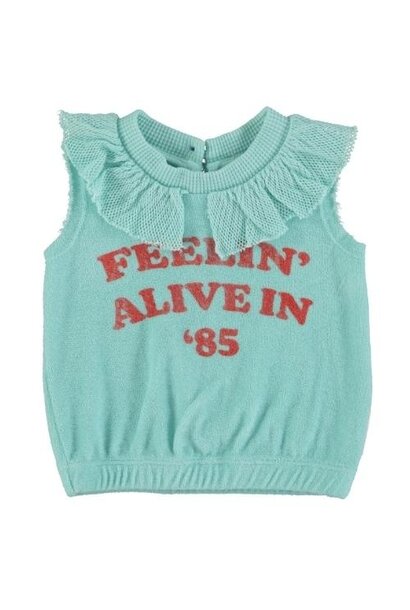 Piupiuchick baby sleeveless top w/collar blue w/ "feelin' alive" print | shirt