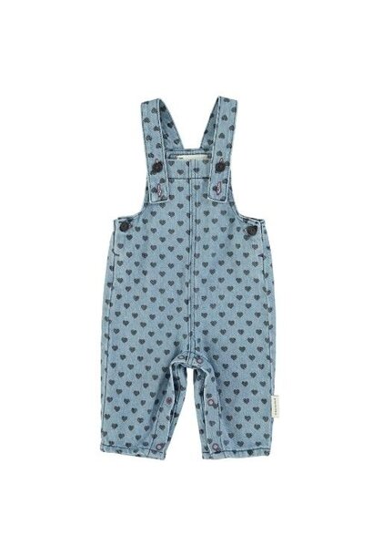 Piupiuchick baby dungarees washed blue denim w/ black hearts | tuinbroek