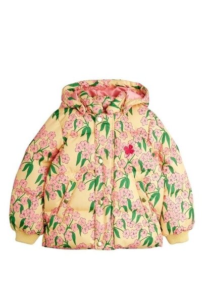 Mini Rodini alpine flowers aop hooded puffer yellow | jas