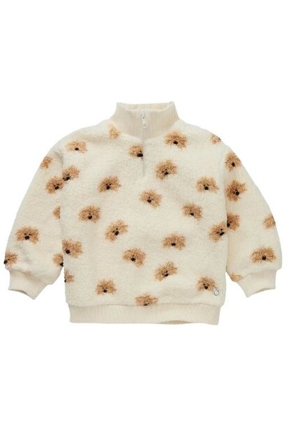 Sproet & Sprout teddy mock zip dog print ivory | trui
