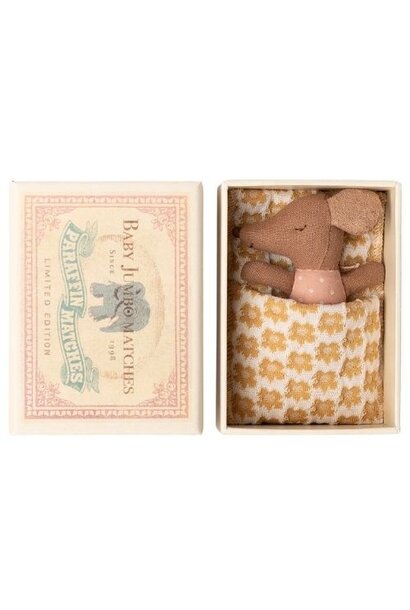 Maileg sleepy wakey baby mouse in matchbox rose