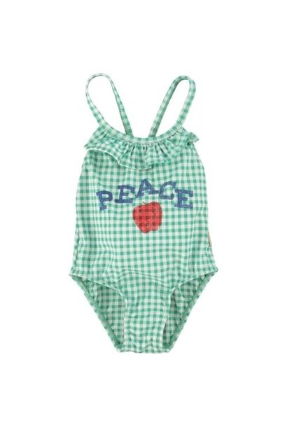 Piupiuchick swimsuit w/ ruffles green checkered w/ "peace" print - badpak
