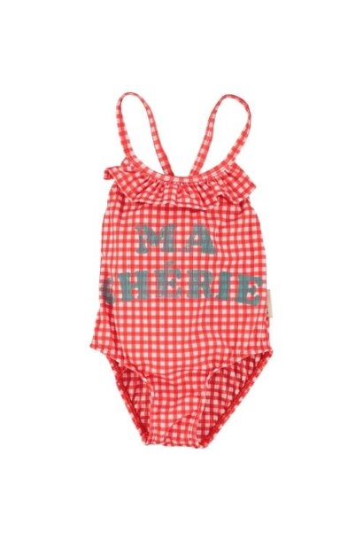 Piupiuchick swimsuit w/ ruffles red checkered w/ "ma chérie" print - badpak