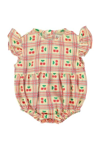 Piupiuchick sleeveless baby romper light yellow w/ cherries allover