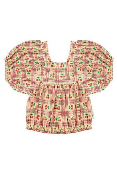 Piupiuchick cropped blouse w/ baloon sleeves light yellow w/ cherries allover
