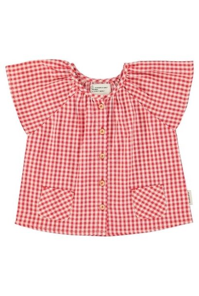 Piupiuchick blouse w/ butterfly sleeves red & ecru checkered
