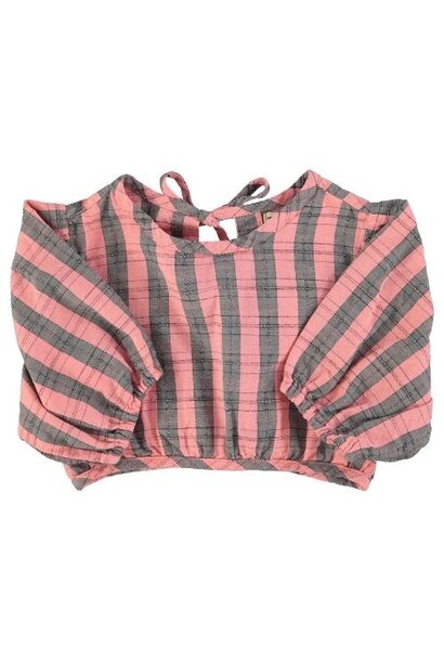 Piupiuchick cropped blouse w/ baloon sleeves pink & green checkered