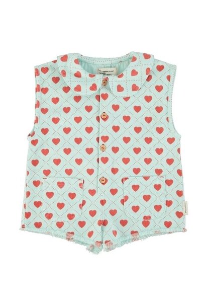 Piupiuchick short sleeveless jumpsuit light blue w/ red hearts allover