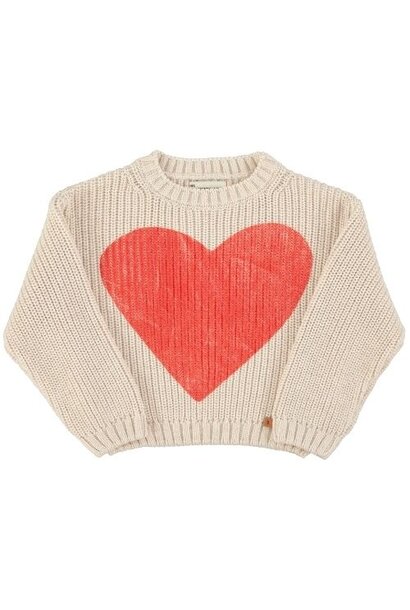 Piupiuchick knitted sweater ecru w/ red heart print - trui