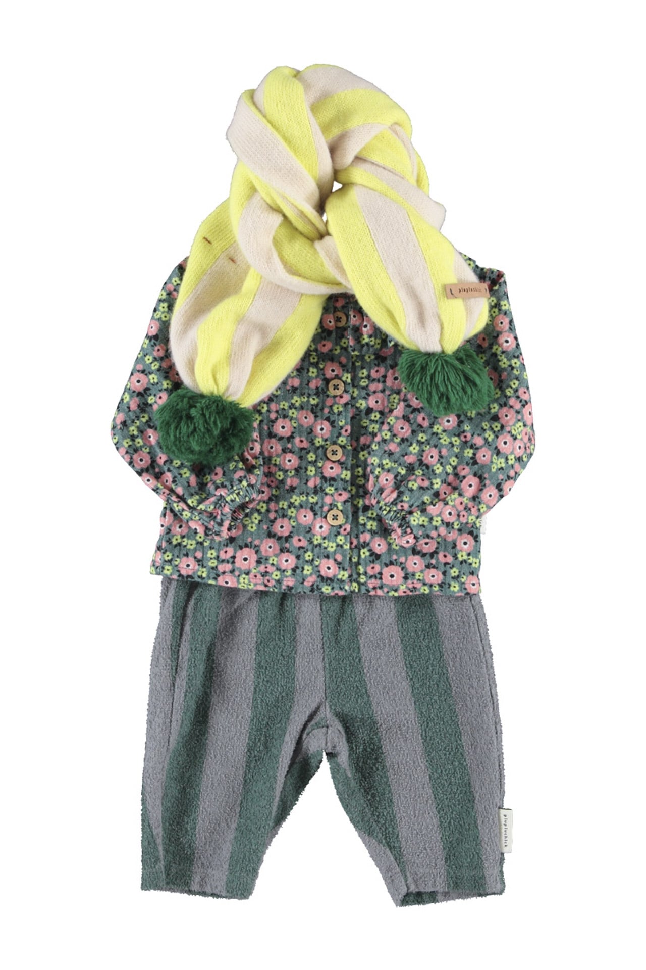 Piupiuchick baby blouse w/ round collar green w/ multicolor flowers-2