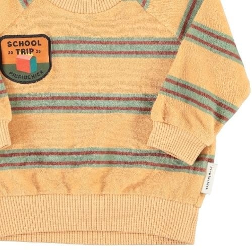 Piupiuchick baby terry cotton sweatshirt sand w/ double stripes - trui-4