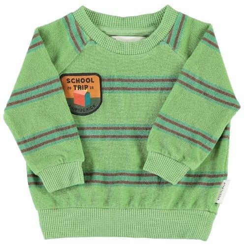 Piupiuchick baby terry cotton sweatshirt green w/ double stripes - trui-1