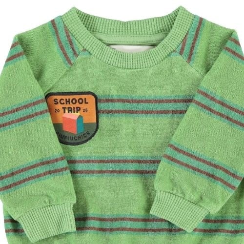 Piupiuchick baby terry cotton sweatshirt green w/ double stripes - trui-4
