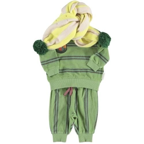 Piupiuchick baby terry cotton sweatshirt green w/ double stripes - trui-3