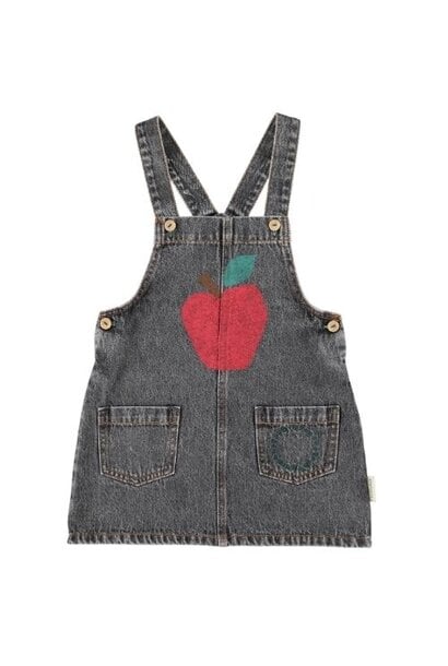 Piupiuchick short dress w/ straps washed black denim w/ apple print - jurk