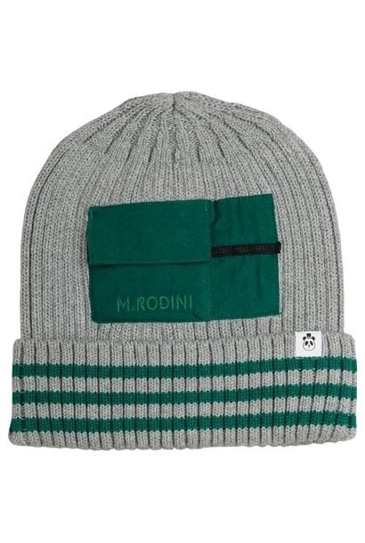 Mini Rodini knitted rib fold up hat w pocket grey melange