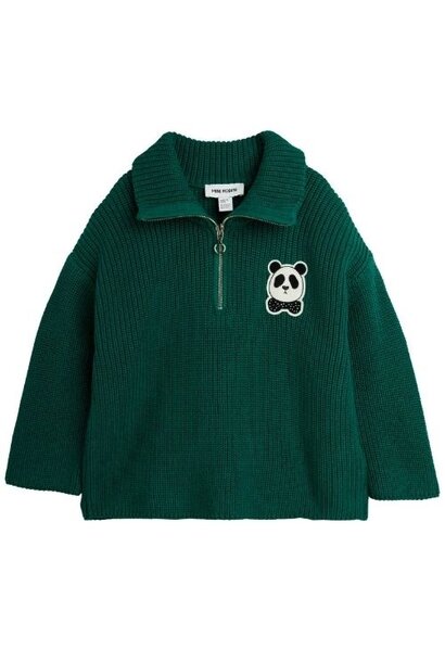 Mini Rodini panda patch chunky knit half zip sweater green