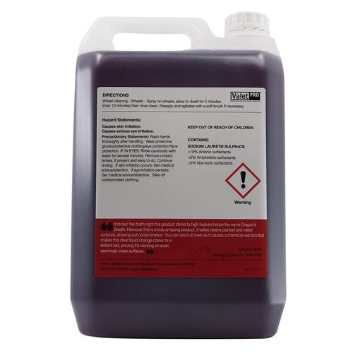 ValetPro Dragons breath 5 liter  Zeer effectieve Remstof en (vlieg)roest reiniger, voor velgen en lak, Met kleurindicator!