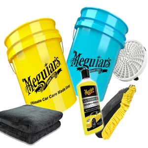 Meguiars CarCare auto was set bestaande uit; 2 x Emmer 5 gal 19 ltr , 1 x Dirt Lock grit, wash & wax 473 ml shampoo, LE microfiber droogdoek 50 x80 1200 gr/m2, WashMitt met drie functies