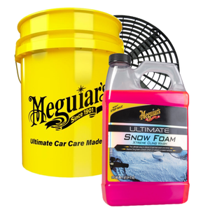 SnowFoam paket basic bestaande uit; Meguiars Ultimate snowfoam 946 ml, Wasemmer 5 gal 19 ltr geel, Grit Guard grit zwart