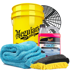 SnowFoam Wasset  bestaande uit; Meguiars Ultimate SnowFoam 946 ml, Wasemmer geel 5 gal 19 Ltr, Grit Guard grit zwart, Droogdoek 50 x 80 cm 1400 gsm!, Washmitt met drie functies
