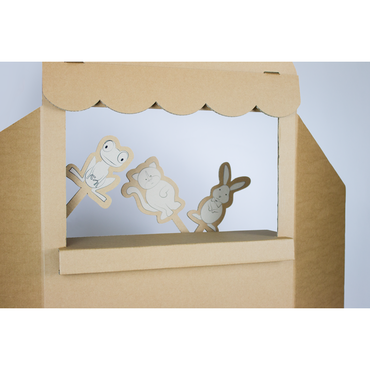 KarTent Cardboard Puppet Theater with three Puppet Animals