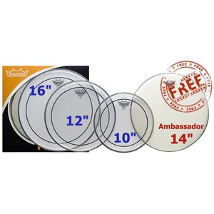 Remo Pinstripe Clear - Pro Pack - 10"/12"/16" - 1 x 14" Ambassador For Free