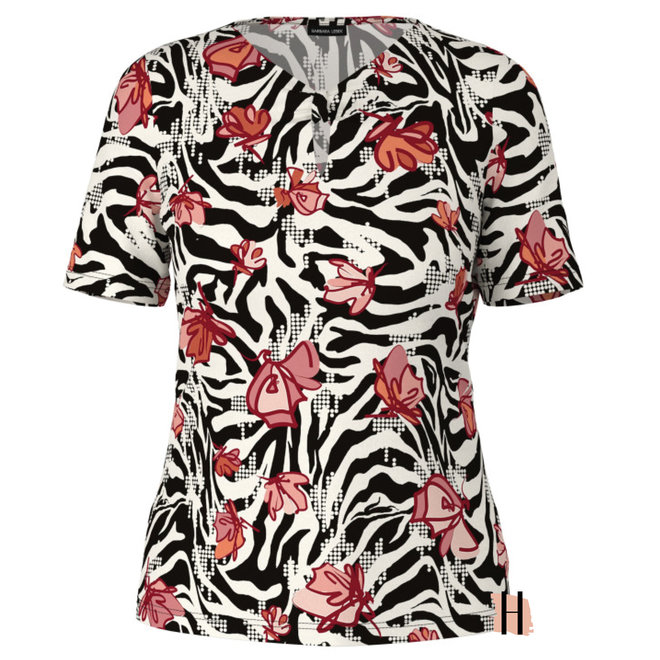 T-Shirt met Zebraprint, Rode Bloemen en Halsdetail