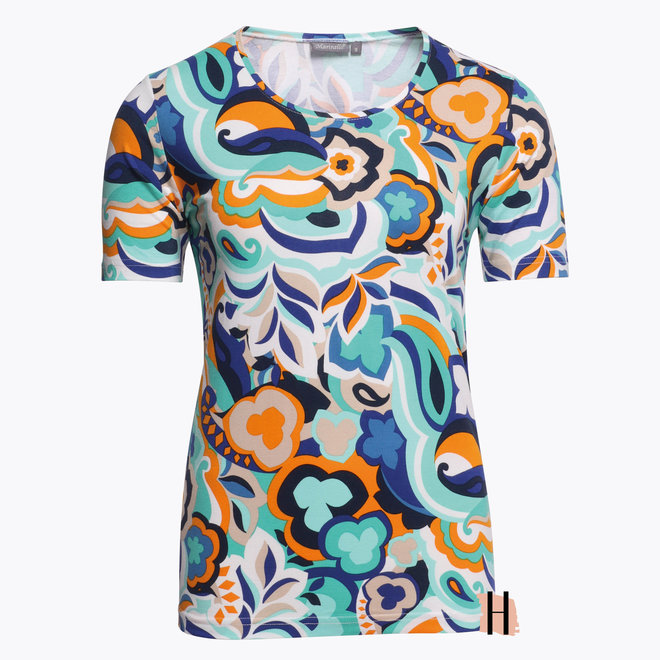 T-Shirt met All-Over Dessin in Turquoise en Oranje Kleur