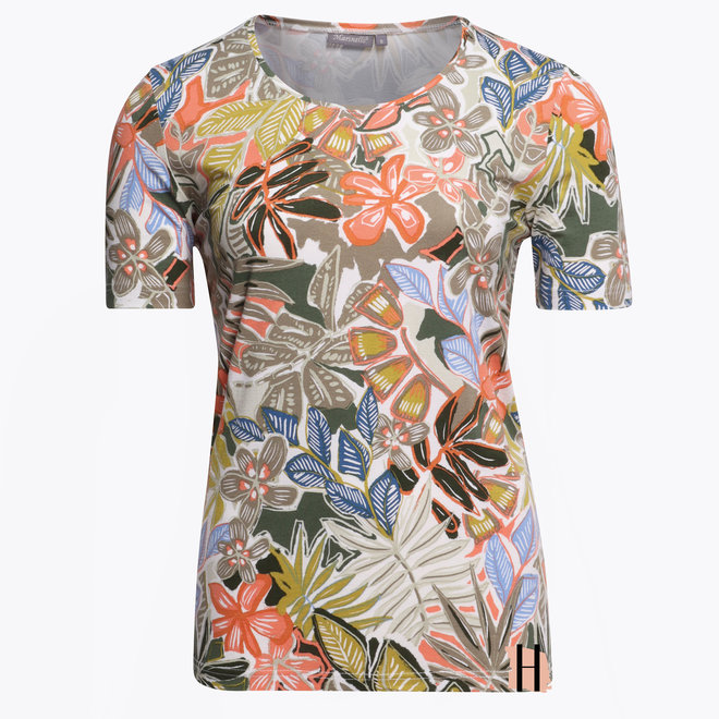 T-Shirt met Fleurige Print met Kaki en Oranje Accenten