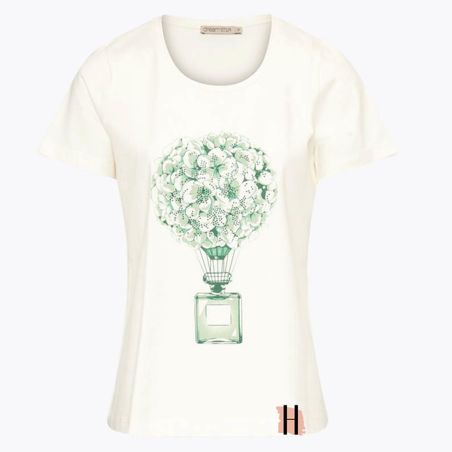 T-Shirt met Print Parfumflesje en Strass "Bless" in Jade