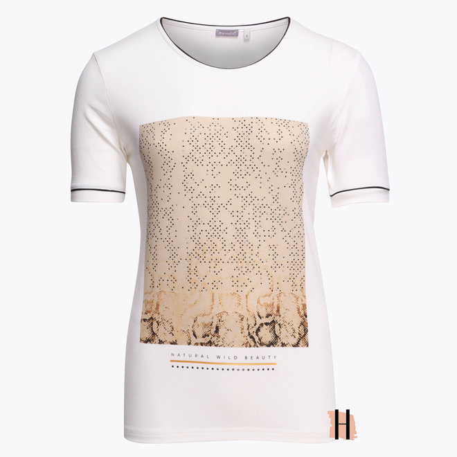 T-Shirt Ecru met Studs, Opdruk en Biesje