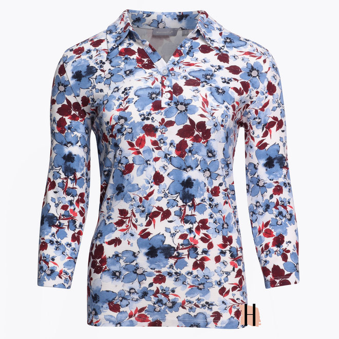 Poloshirt met Aquarel Bloemen Dessin in Jeansblauw en Rood