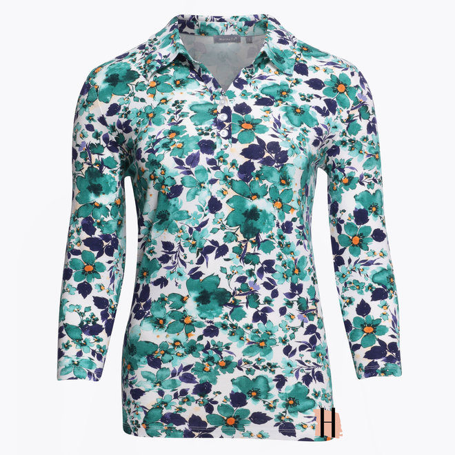 Poloshirt met Aquarel Bloemen Dessin in Petrol en Paars