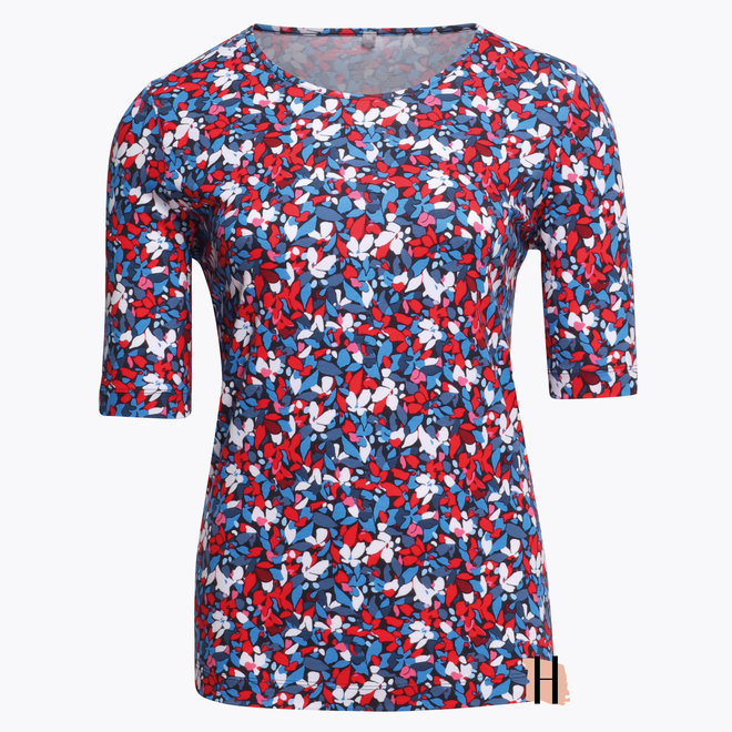 T-Shirt met Bloemen Dessin in Rood, Blauw en Marine