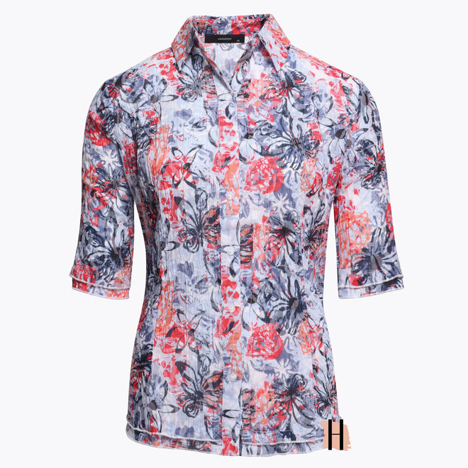 Doorknoop Blouse met Korte Mouwen en Bloemdessin  in Blauw en Rood