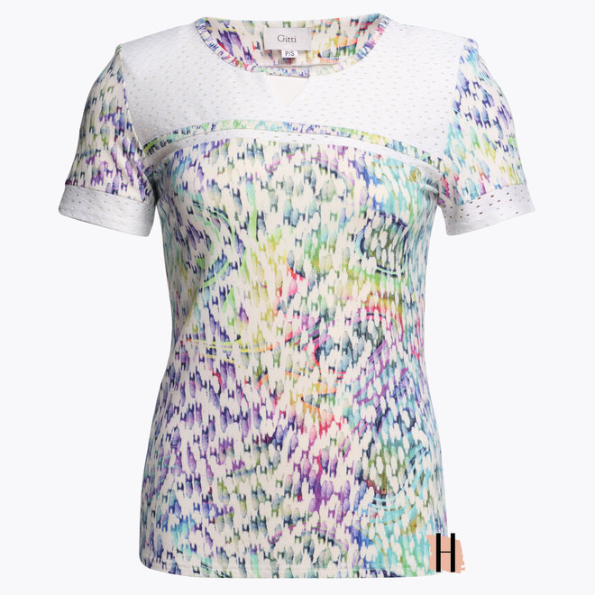 T-Shirt met Regenboog Kleuren en Witte Broderie Stof