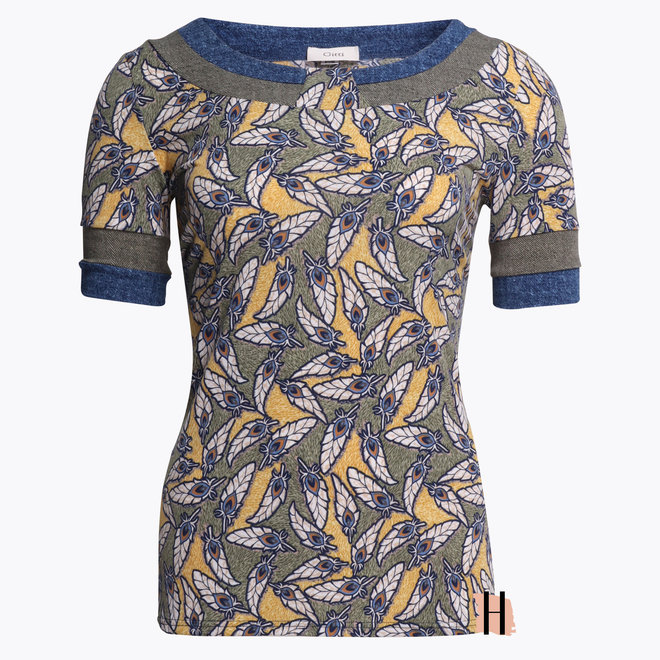 T-Shirt met Denim Print en Gele Accenten