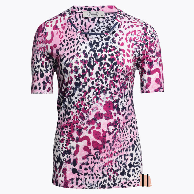 T-Shirt met Open Hals Detail en Dierlijk Dessin in Roze